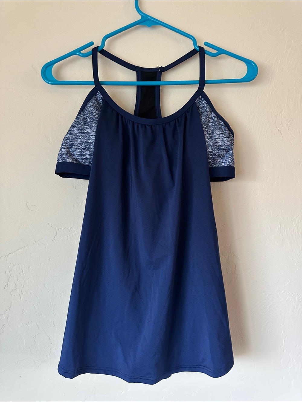 TYR Navy Cold-Shoulder Racerback A-Line Dress with Heathered Sleeve Panels